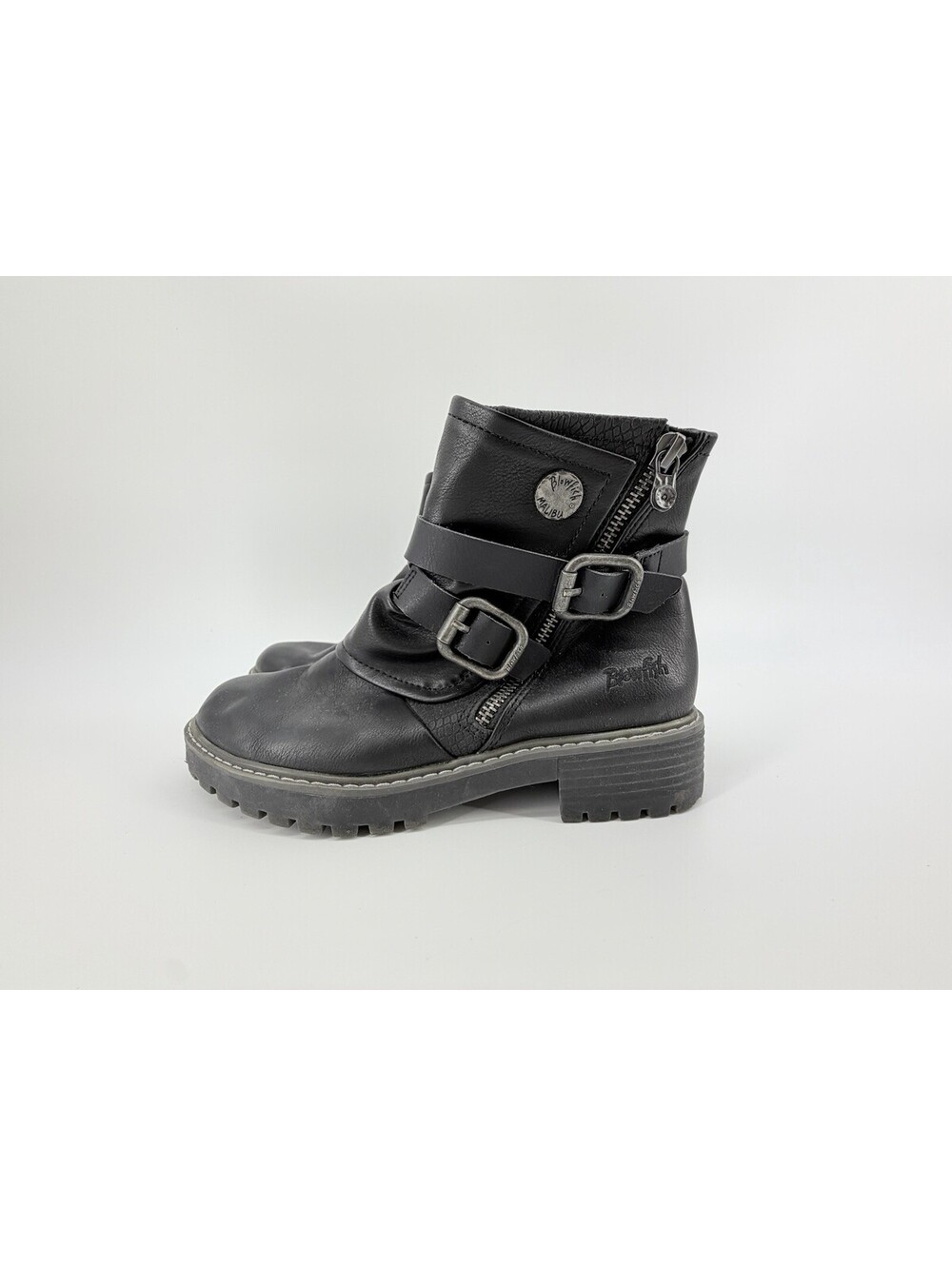 Blowfish Malibu Black Ankle Bootie Round Toe Buckle Zip Womens Size 7